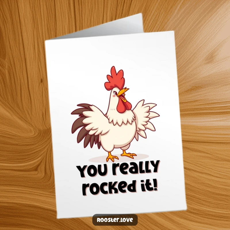 Funny Free Printable congratulations card of a rooster crowing widely with a comedic grin, stretching its wings in triumph.