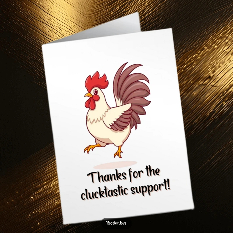 Funny free printable thank you card of a rooster in a dynamic leap with its tail feathers fanned out.