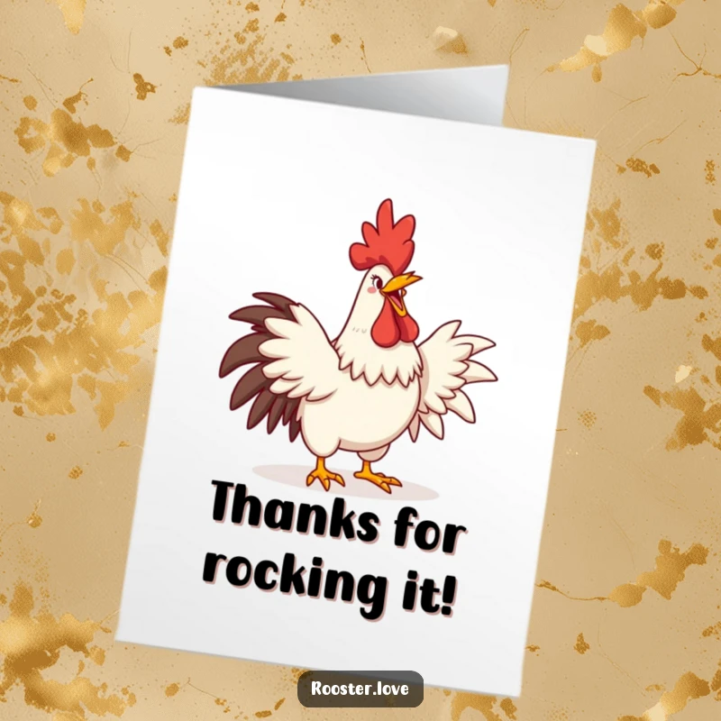 Funny Free Printable thank you card showing a rooster crowing with a huge grin, stretching wings as a joyful thank you.