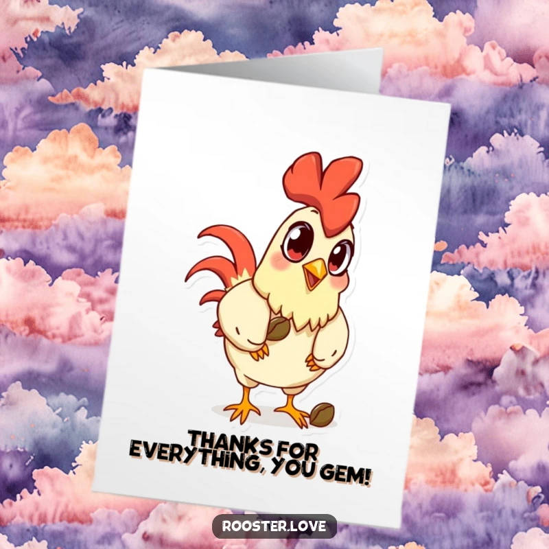 Funny Free Printable Thank You Card: A cartoon rooster with comically large eyes pecking at a seed, perfect for thanks.