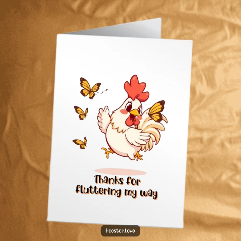 Funny free printable thank you card; a determined rooster chases a butterfly, expressing lively gratitude and appreciation.