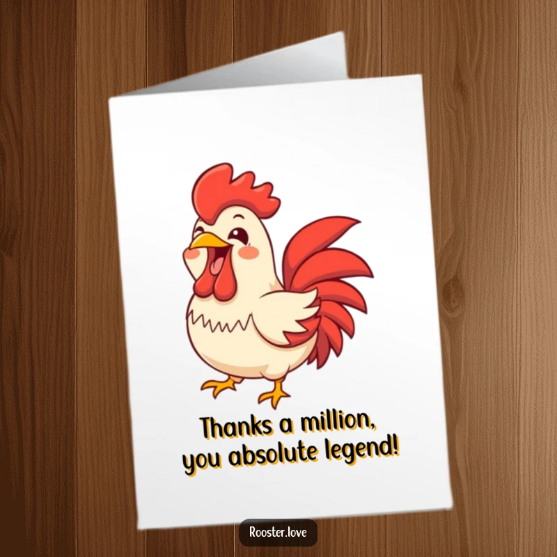 Funny Free Printable Thank You Card: A rooster squawking joyfully with its beak wide open, ideal for a humorous thank you.