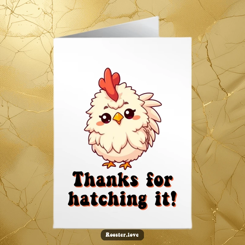 Funny Free Printable thank you card depicting a fluffy rooster tilting its head, raising an eyebrow in curious appreciation.