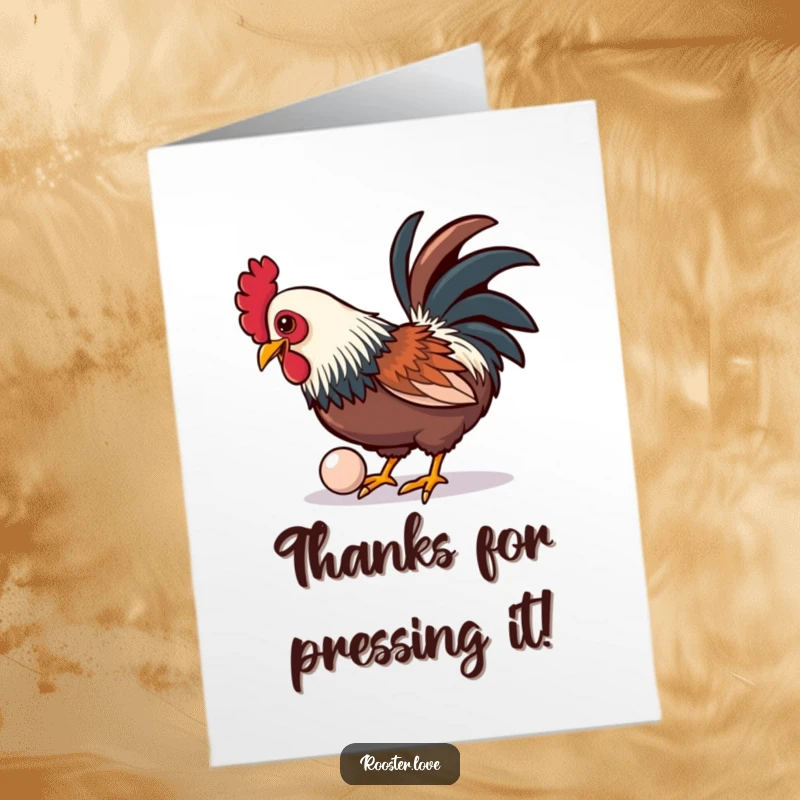 Funny Free Printable thank you card of a rooster playfully pecking at a shiny, oversized button with a cheerful expression.