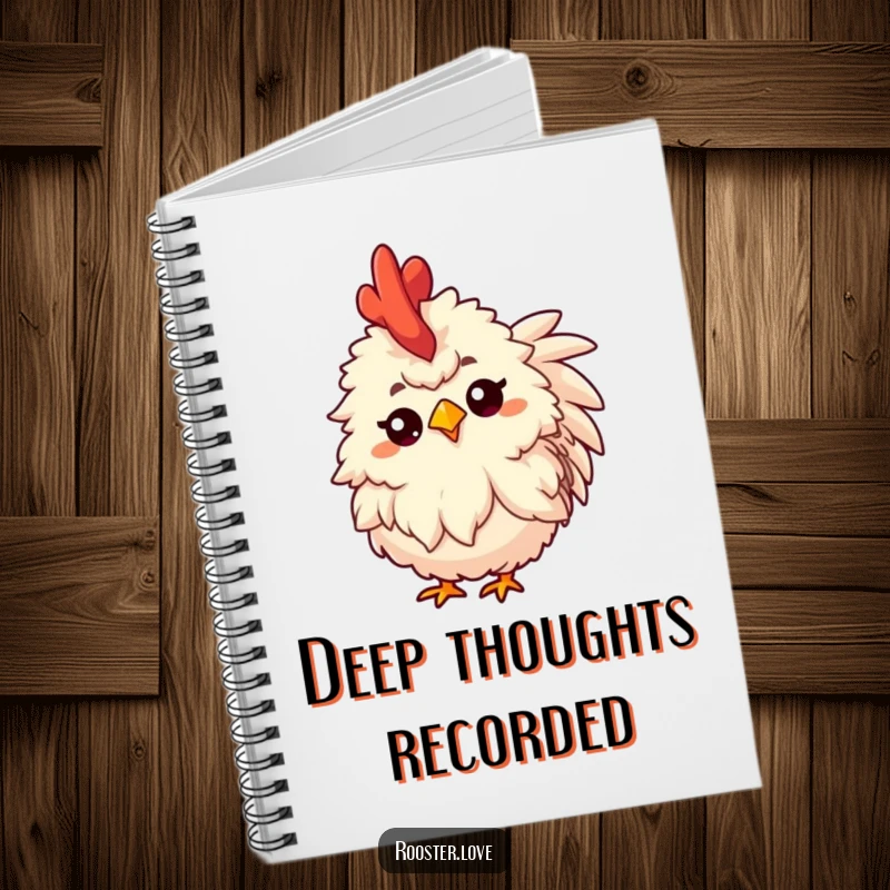 Funny notebook cover showing a fluffy rooster tilting its head inquisitively with a raised eyebrow, ready for notes.