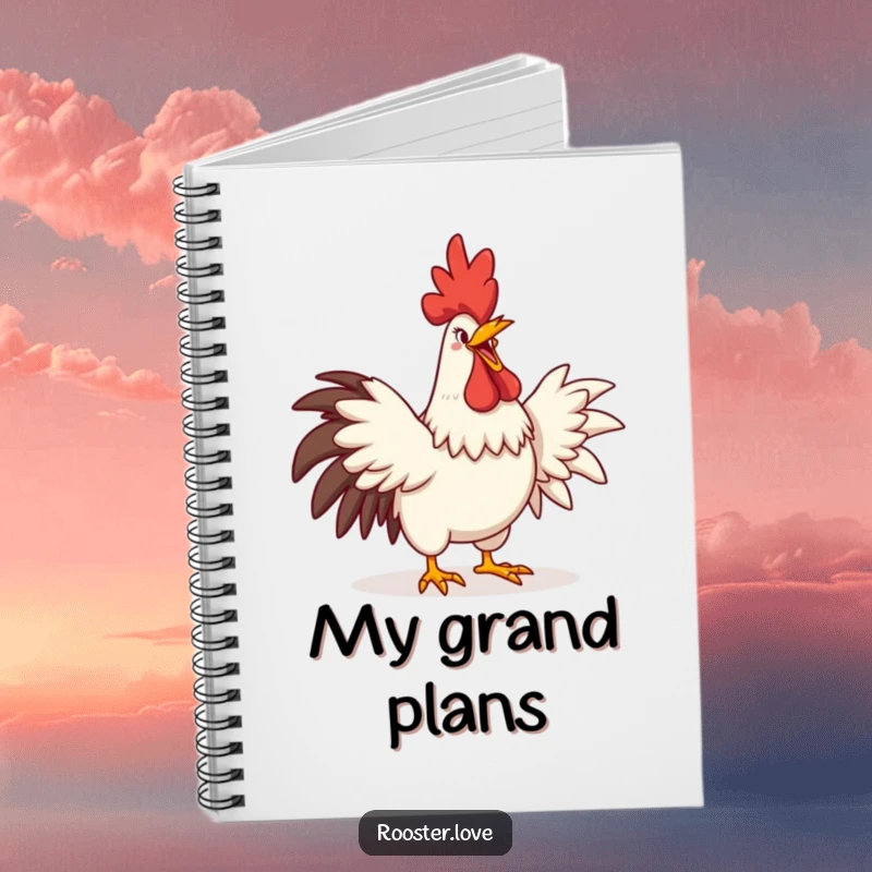 Funny notebook cover showing a rooster crowing with an exaggerated comedic grin and stretched wings, ready for notes.