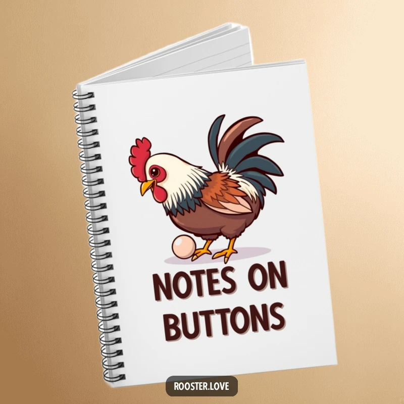Funny notebook cover showing a rooster playfully pecking at a shiny, oversized button, ready for notes.