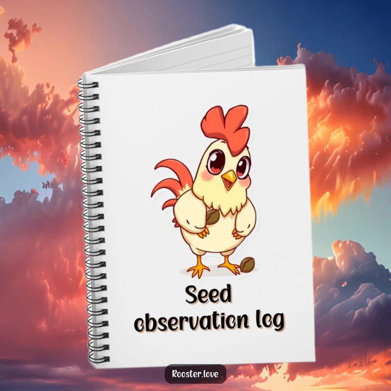 Funny cartoon rooster with exaggerated eyes pecking a seed on the cover of a notebook, inspiring observant thoughts.