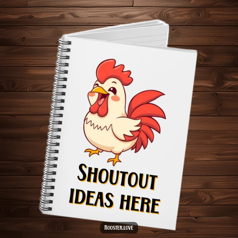 Funny rooster character letting out a joyful, wide-open beak squawk on the cover of a notebook, inspiring expressive thoughts.