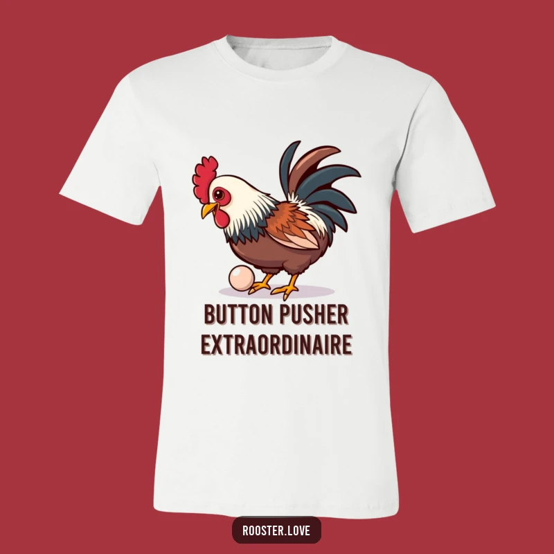 Funny Rooster Button T-Shirt: Playful Pecking Rooster, Shiny Button, Ideal Funny Gift for Curious Minds