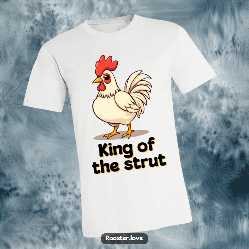Funny rooster character strutting with chest puffed out, on a t-shirt to express confidence and bold personality.