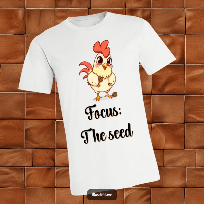 Funny cartoon rooster with comically huge eyes, focused on pecking a seed, on a t-shirt for expressive humor.