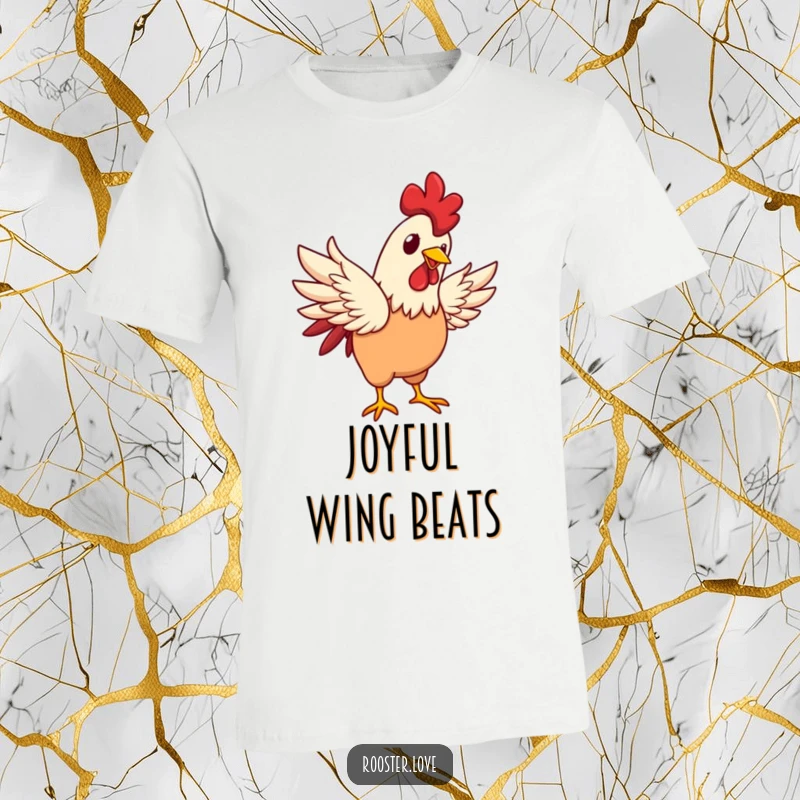 Funny rooster character flapping its wings with a bright, happy glint, on a t-shirt celebrating joyful moments.