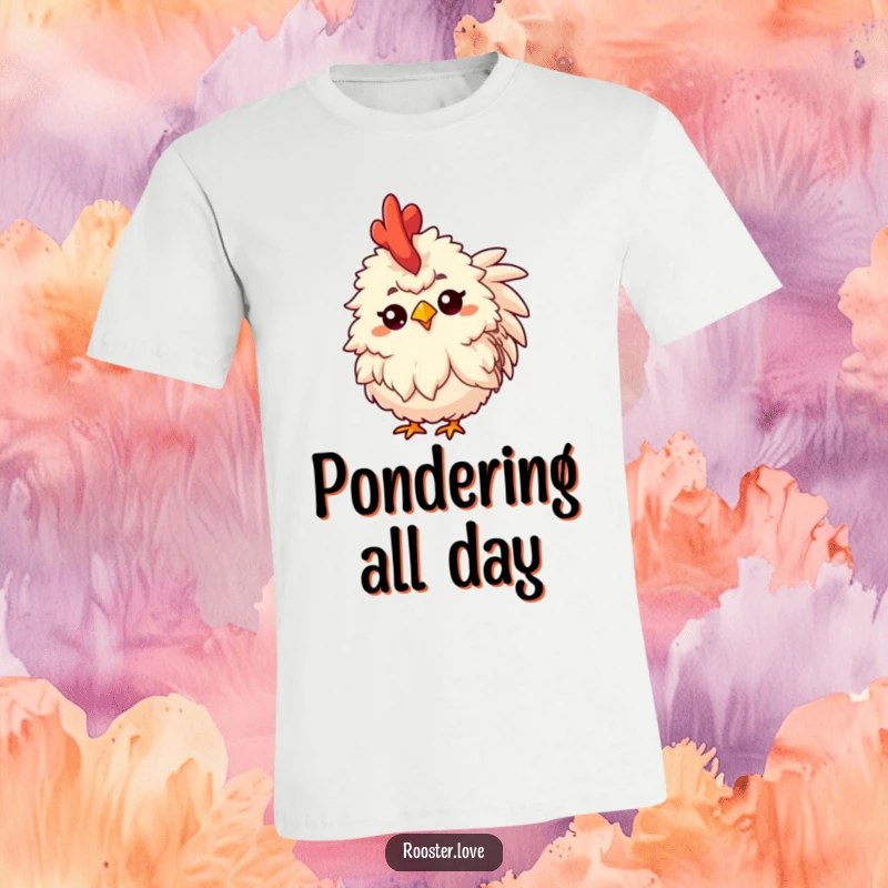 Funny t-shirt design of a fluffy rooster tilting its head inquisitively, with a raised eyebrow, embodying thoughtful curiosity.