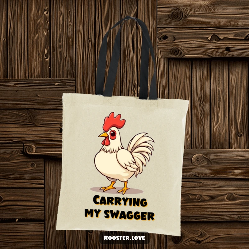 Funny rooster character strutting with chest puffed out, on a durable tote bag for a bold and confident statement.