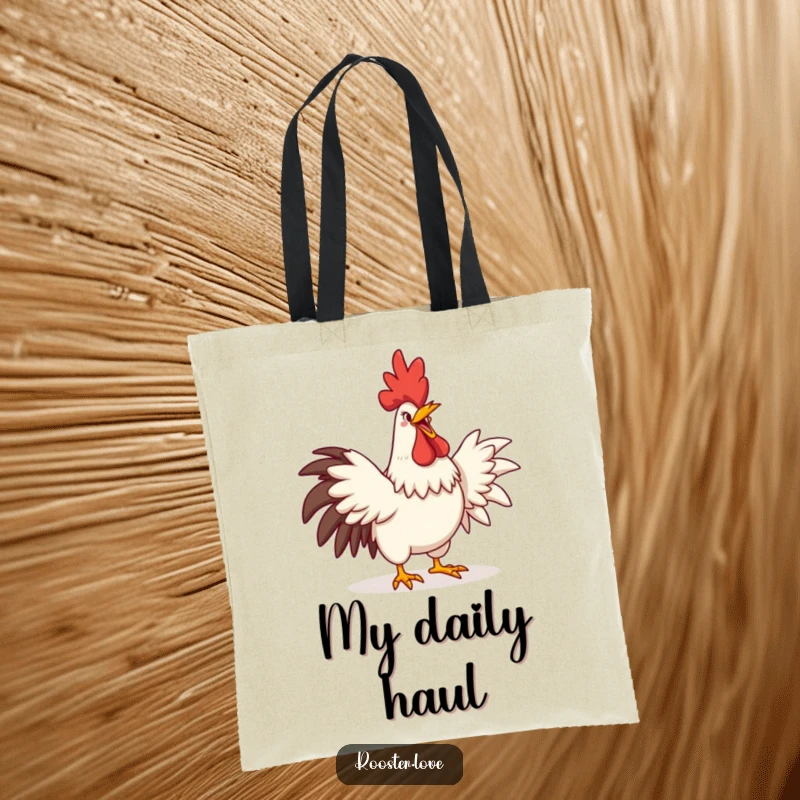 Funny tote bag featuring a rooster crowing with an exaggerated comedic grin and stretched wings, perfect for shopping.