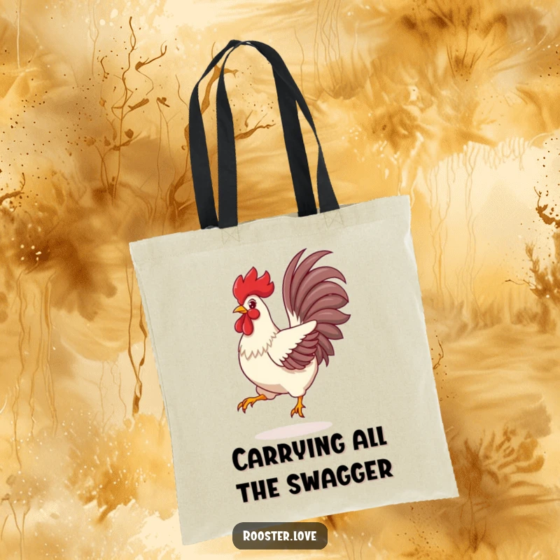 Funny Rooster Tote Bag, a rooster mid-leap with vibrant tail feathers spread wide, ready for adventure and errands.