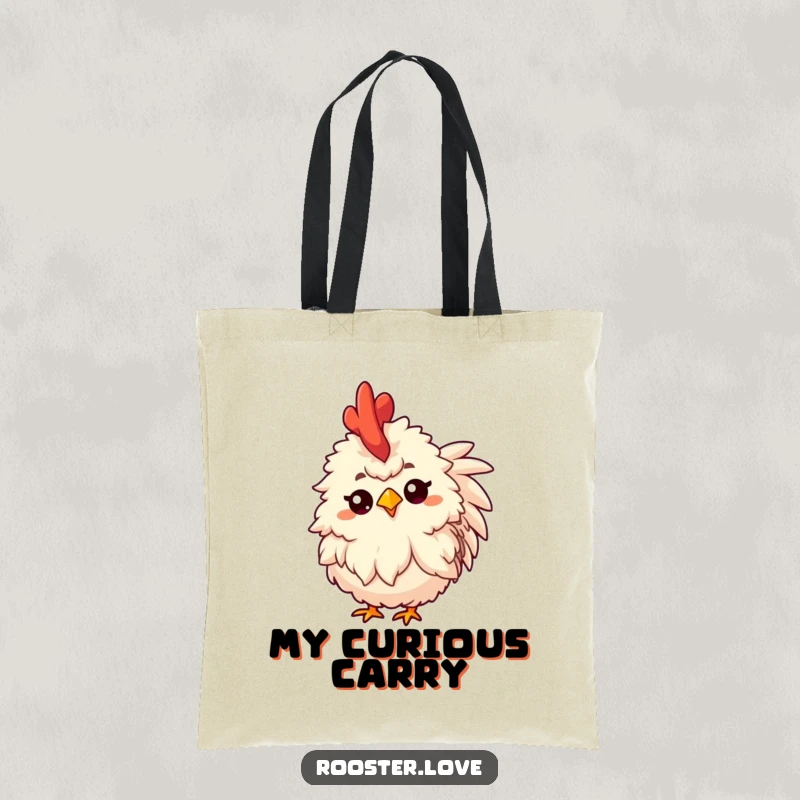 Funny tote bag featuring a fluffy rooster tilting its head inquisitively with a raised eyebrow, perfect for shopping.