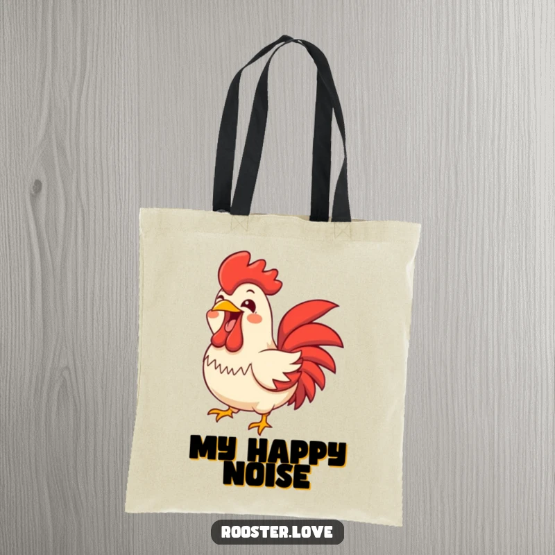 Funny rooster character with wide-open beak squawking joyfully, on a durable tote bag, symbolizing loud expressions of happiness.