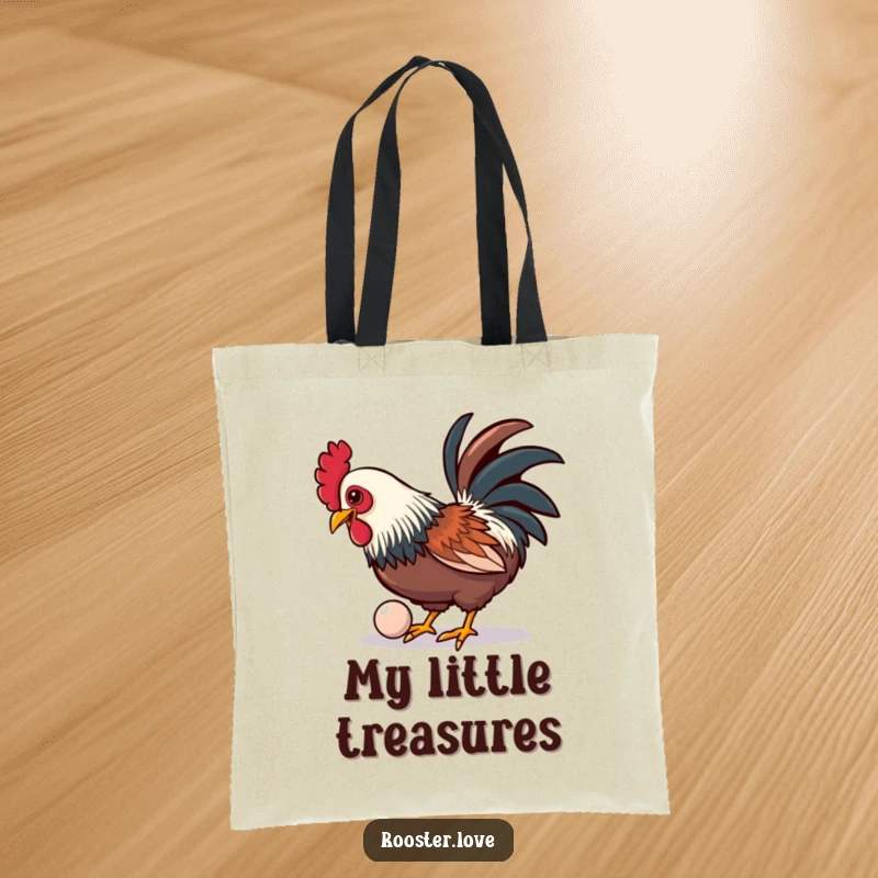 Funny tote bag featuring a rooster playfully pecking at a shiny, oversized button, perfect for shopping.