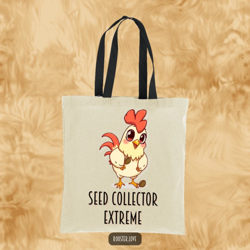 Funny cartoon rooster with enormous eyes, pecking a seed, on a durable tote bag for a humorous and stylish carry.